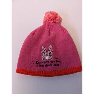 Its Happy Bunny Jim Benton Ribbed Knit Pom Pom Beanie Hat Y2K 90s Pink Vintage